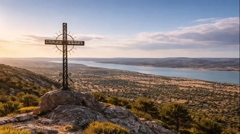 Croix en fer forgé au sommet d'une colline surplombant un grand lac.